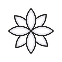 A minimalist line art icon of a stylized lotus flower with eight white petals, symbolizing beauty, purity, meditation, and wellness, isolated on white.