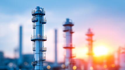 Obraz premium Oil refinery distillation columns with heat exchangers and process control systems petrochemical processing equipment with safety monitoring and environmental protection