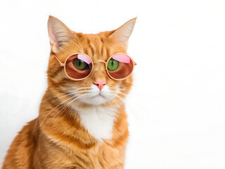 Obraz premium Ginger cat wearing round pink sunglasses against a white background in a studio setting