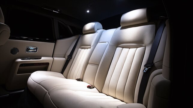 Upscale vehicle interior showcasing back seats. Elegant, ivory-colored leather upholstery illuminated by soft lighting. Black seatbelts enhance safety.