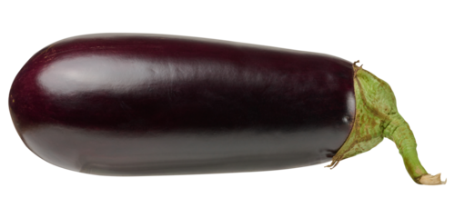 Glossy eggplant with a deep purple color, with a prominent green stem and cap.