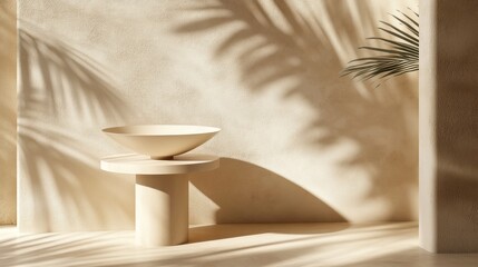 Minimalist still life of bowl on pedestal, shadows on textured wall, neutral