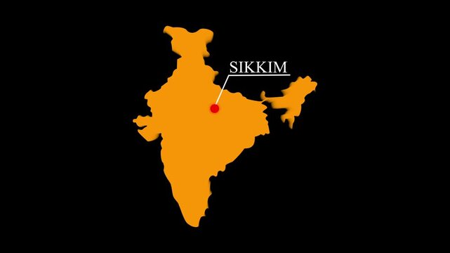 Sikkim map animated video.Location in India highlighted color with black background in video format, Map of India . Map with artificial intelligence concept