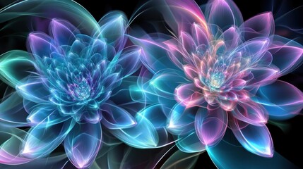 Two abstract glowing flowers teal, blue, and pink petals on a dark background