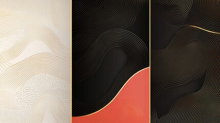 Abstract panels with wavy gold lines on white, black, & red backgrounds