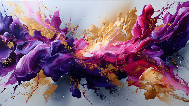 A beautiful explosion of color on canvas using oil ad watercolor, blending purle, pink, and gold in a virant abstract composition ull of energy.