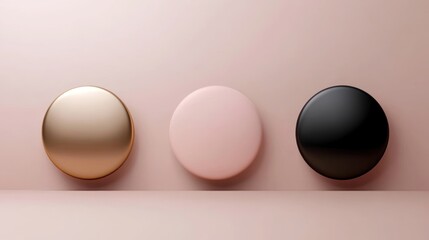 Three discs gold, blush pink, and black, against a soft pink backdrop