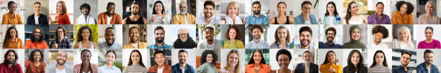 Fototapeta premium A vibrant collage features a variety of diverse individuals smiling and enjoying their time. This collection highlights expressions of joy and cultural richness in a bright setting.
