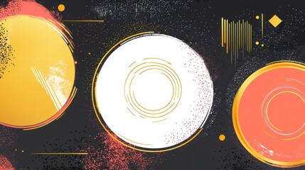 Geometric abstract with gold, red, and white circles on dark speckled backdrop