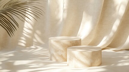 Beige scene two stone cylinders, fabric backdrop, palm shadows