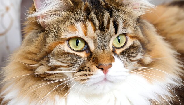 Close-up of a long-haired cat with vibrant green eyes. The cat's fur is a mix of brown, white, and tan, giving it a warm, fluffy appearance. Focused gaze suggests curiosity or focus