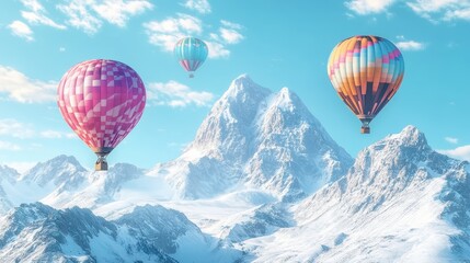Fototapeta premium Colorful hot air balloons float over majestic snow-capped mountains under a clear blue sky, creating a serene and picturesque landscape.