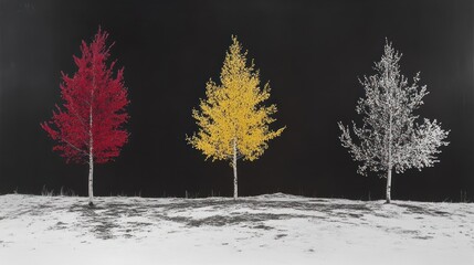 Triptych Colorful trees (red, yellow, white) in snowy field against dark backdrop