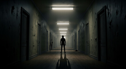 Silhouette of a person standing in a dark hallway with lights and doors on either side of the hall