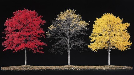 Colorful Autumn trees red, desaturated, and yellow, against a black background
