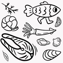 Fish delicacies, salmon, squid, dorado, shrimp, mussel