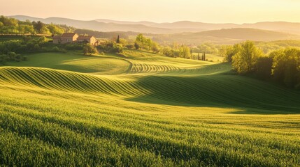 A serene landscape with rolling green hills, gentle slopes, and a warm sunset illuminating a quaint farmstead.