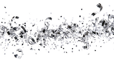 Decorative silver ribbons with confetti floating in the air for celebration festive event concept isolated on transparent background PNG