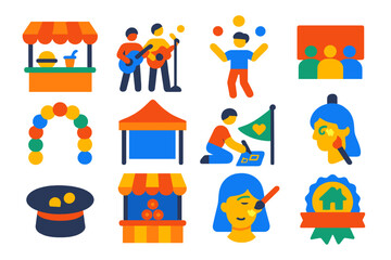 Naklejka premium Street Festival Icons. Flat vector icons of street festivals: food stall, live band, street juggler, crowd sign, balloon arch,