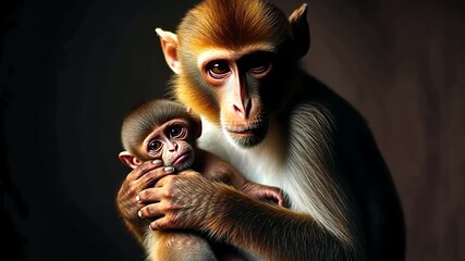 Tender Moment: Mother Monkey Holding Baby, Affectionate Wildlife Portrait - Powered by Adobe