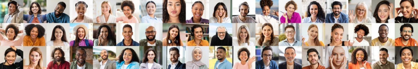 A vibrant collection of happy faces showcases a diverse group of people from various backgrounds,...