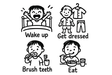 Kids Routine Doodles. Kids morning chart doodle set: hand drawn icons for wake-up, get dressed, brush teeth, and eat, isolated