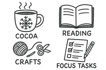 Winter Homeschool Doodles. Winter homeschool day doodle set: hand drawn icons for cocoa, reading, crafts, and focus tasks,