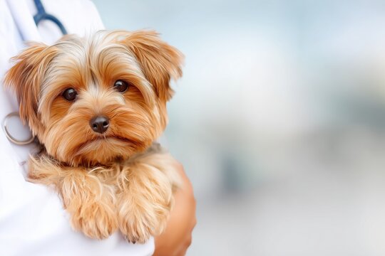Veterinary professional holding a small, fluffy dog with a stethoscope, highlighting pet health, veterinary check-up, and animal wellness in a clinical setting
