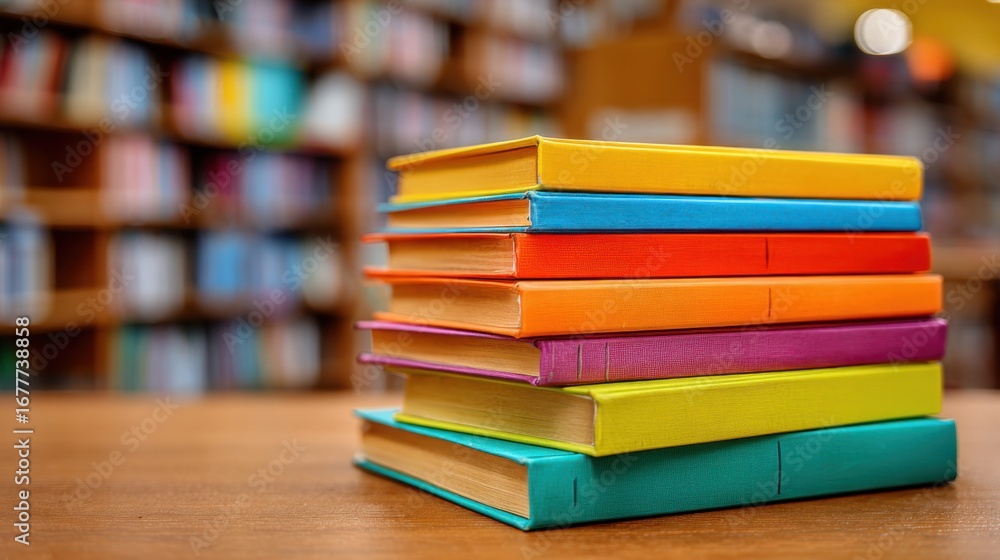 Aufkleber a stack of brightly colored books rests on a wooden table in a library. the background features blur