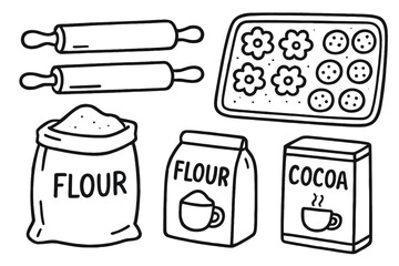 Family Baking Doodle. Family baking night doodle set: hand drawn icons for rolling pins, cookie trays, flour, and cocoa, isolated