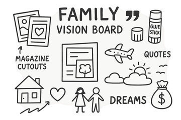 Naklejka premium Family Vision Board. Family vision board doodle set: hand drawn icons for magazine cutouts, glue sticks, quotes, and dreams,