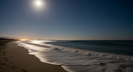 Moonlit Beach Night Ocean Waves Serene Coastal Landscape.