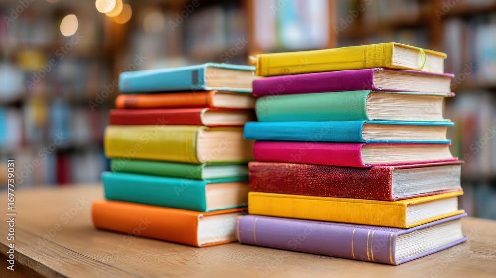 Aufkleber a vibrant stack of assorted books rests on a wooden table in a cozy library. sunlight filters throug