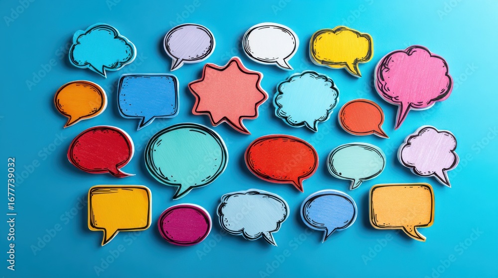 Poster various colorful speech bubbles in different shapes and sizes are scattered across a bright blue bac
