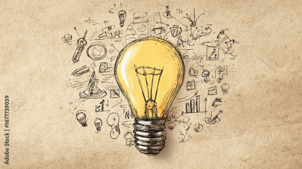 Poster a light bulb in the center symbolizes creativity and innovation. surrounding it are sketches of vari