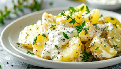 A close-up of a creamy potato salad with mayonnaise, fresh herbs, and a sprinkle of black pepper, served on a white plate. Concept for a food blog