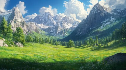 A breathtaking mountain landscape showcasing towering peaks, lush greenery, and vibrant wildflowers under a bright blue sky.