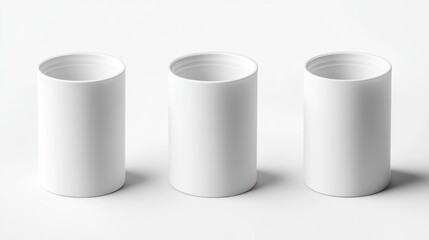 Three white cylindrical containers on a white background