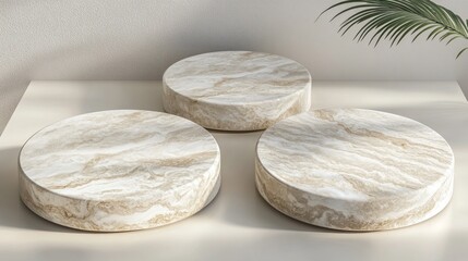 Three circular, off-white marble podiums sit on a light beige surface, subtly illuminated by sunlight filtering from the upper left, with a palm frond partially visible in the upper right corner.  
