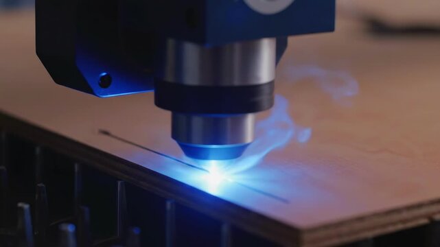 Precision laser cutting: hightech blue beam engraving wood in industrial workshop