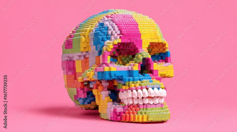 Poster a vibrant skull sculpture constructed from various building blocks showcases an array of colors. it 