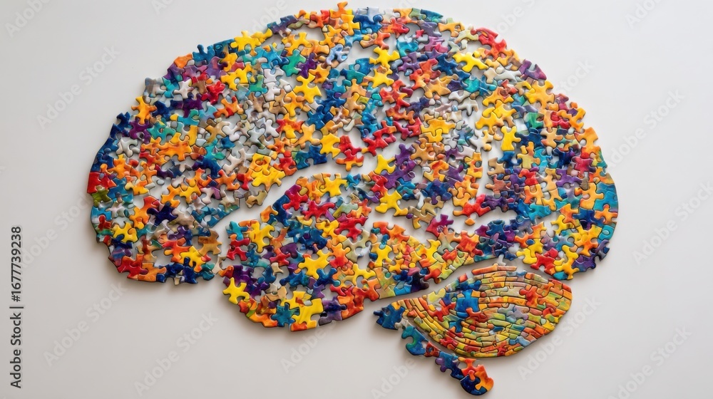 Poster a vibrant array of multicolored puzzle pieces artfully arranged to resemble a human brain, symbolizi