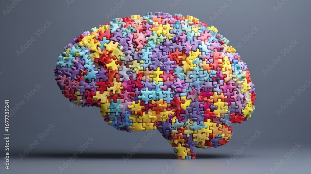 Poster a vibrant brain sculpture constructed from assorted puzzle pieces showcases a fusion of color and cr