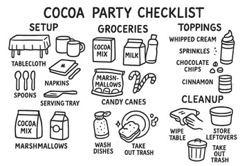 Cocoa Party Checklist. Printable cocoa party checklist for families doodle set: hand drawn icons for setup items, grocery icons,