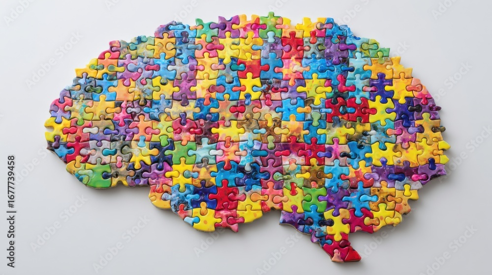 Poster vibrant puzzle pieces create a brain shape, exemplifying the fusion of creativity and logic. this ar