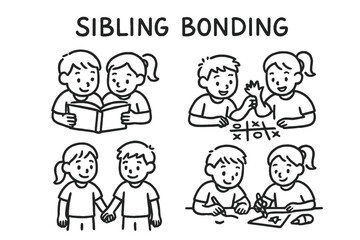 Sibling Bonding Icons. Sibling bonding doodle set: hand drawn icons for reading together, team games, hand-holding, and joint