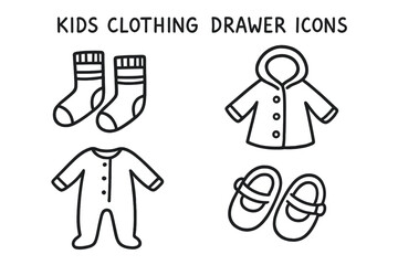 Obraz premium Kids Clothing Doodle Icons. Kids clothing drawer icons doodle set: hand drawn icons for socks, raincoats, pajamas, and tiny shoes,