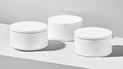 Three white, cylindrical, minimalist containers on a white ledge, clean aesthetic