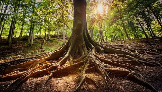 majestic tree with intricate roots in a sunlit forest