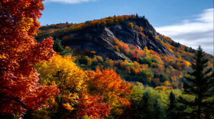 Obraz premium A breathtaking autumn scene with red, yellow, and ornge leaves covering a mounain hill, set against a clar blue sky.